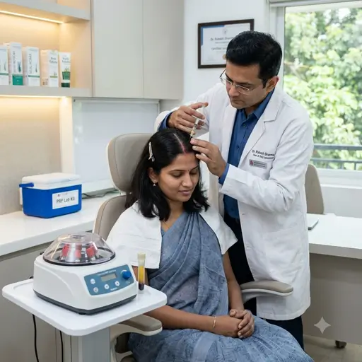 Doctor administering PRP (Platelet-Rich Plasma) therapy for hair growth to an Indian female patient at Dr. L Square Multispecialty Homeopathy Clinic.